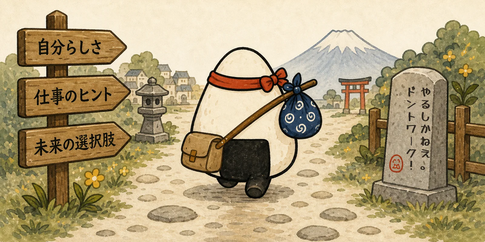 旅支度をしたおにぎりが、道標と石碑のある道を歩いていく
